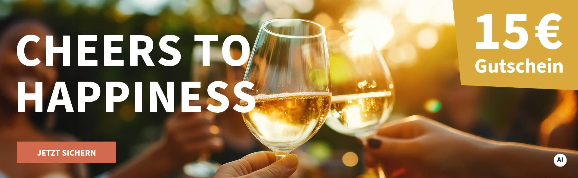 Meravino Weinaktion mit dem Slogan "Cheers to Happiness". Im Hintergrund Bäume, Lichtreflexionen und Menschen, die  mit Weißwein anstoßen. Hinweis auf "15 € Gutschein". Unten Button "Jetzt sichern". | KI-generiert