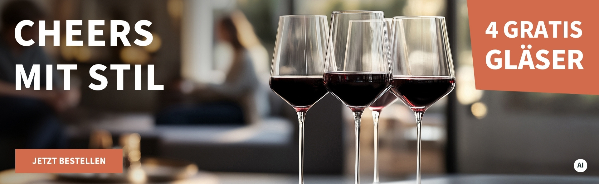 Meravino Weinaktion mit dem Slogan "Cheers mit Stil". Im Hintergrund ein verschwommenes Wohnzimmer, vorne im Bild vier Gläser Rotwein auf einem dunklen Tisch. Hinweis auf "4 Gratis Gläser". Unten Button "Jetzt bestellen". | KI-generiert