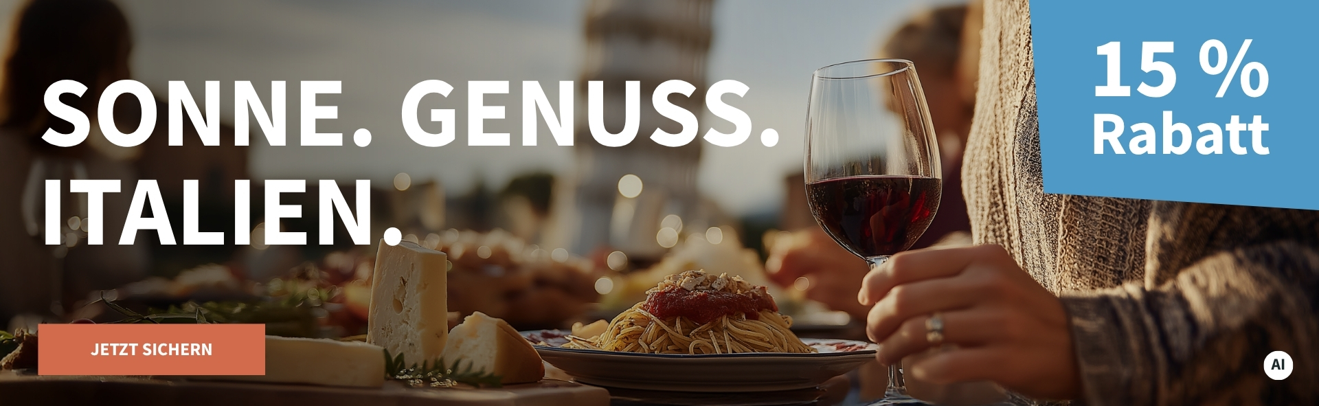 Meravino Weinaktion mit dem Slogan "Sonne. Genuss. Italien". Im Hintergrund ein Tisch mit Käseauswahl und Spaghetti mit Tomatensauce, daneben eine Person mit einem Glas Rotwein in der Hand. Hinweis auf "15 % Rabatt". Unten Button "Jetzt sichern". | KI-generiert