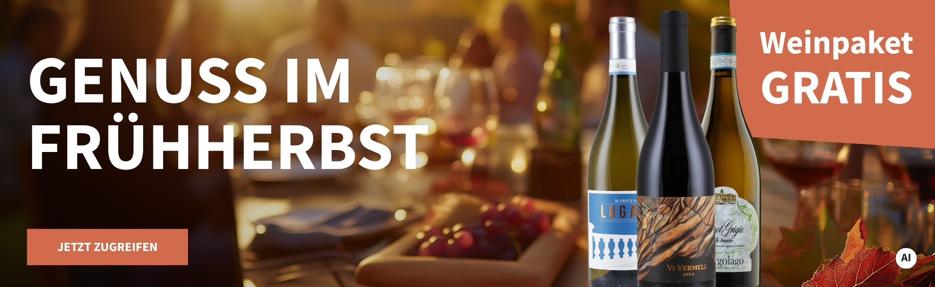 Meravino Weinaktion mit dem Slogan "Genuss im Frühherbst". Im Hintergrund Menschen, die bei Sonnenuntergang an einem gedeckten Tisch beisammensitzen. Hinweis auf "Weinpaket gratis". Unten Button "Jetzt zugreifen". | KI-generiert