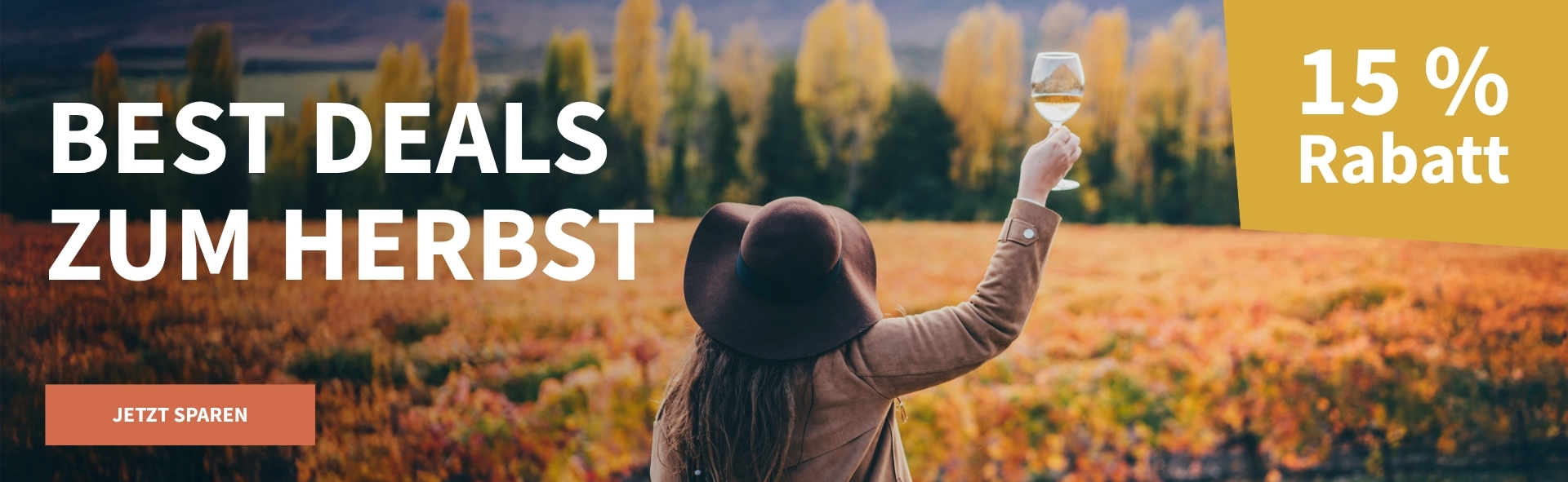 Meravino Weinaktion mit dem Slogan "Best Deals zum Herbst". Im Hintergrund bunte Felder, davor mittig eine Frau, die in der Hand ein Weißweinglas hält und von hinten zu sehen ist. Hinweis auf "15 % Rabatt". Unten Button "Jetzt sparen". | KI-generiert