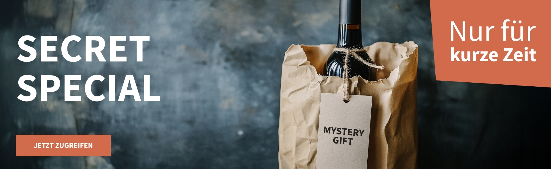 Meravino Weinaktion mit dem Slogan "Secret Special". Im Hintergrund eine Flasche Wein in einer braunen Papiertüte mit der Aufschrift 'Mystery Gift'. Hinweis auf "Nur für kurze Zeit". Unten Button "Jetzt zugreifen". | KI-generiert