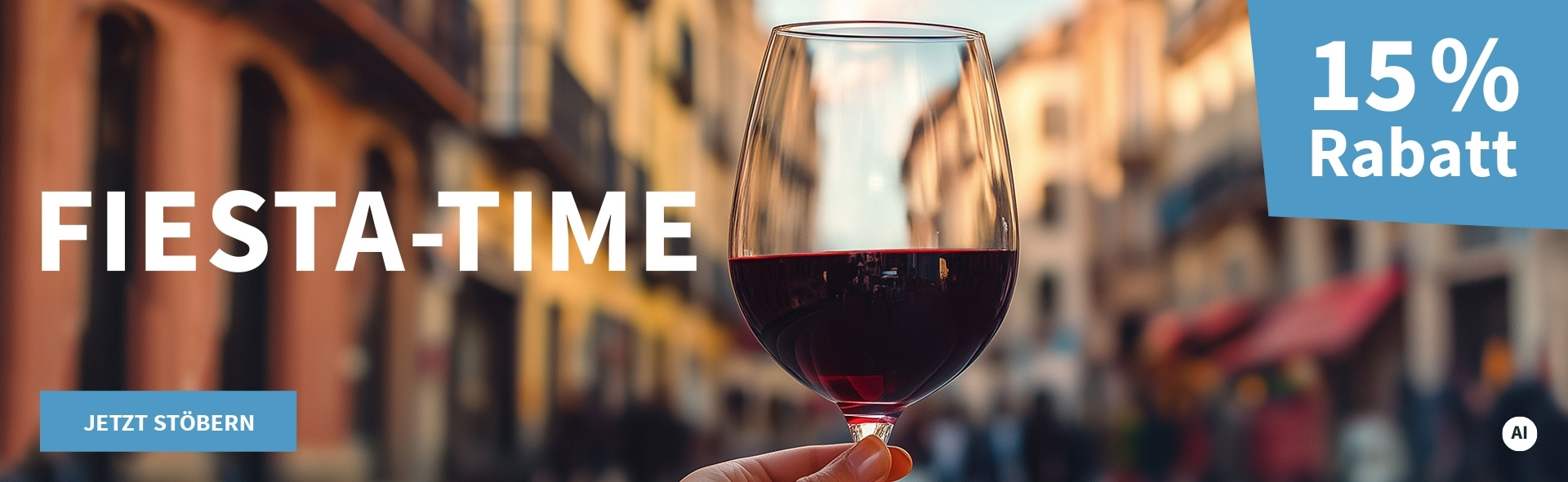 Meravino Weinaktion mit dem Slogan "Fiesta-Time". Im Hintergrund verschwommen eine Einkaufspassage, davor ein Glas Rotwein, das in einer Hand gehalten wird. Hinweis auf "15 % Rabatt". Unten Button "Jetzt stöbern". | KI-generiert