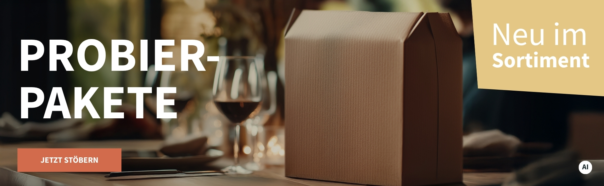 Meravino Weinaktion mit dem Slogan "Probierpakete". Im Hintergrund ein gedeckter Tisch, auf dem ein kleines Paket steht. Hinweis auf "Neu im Sortiment". Unten Button "Jetzt stöbern". | KI-generiert