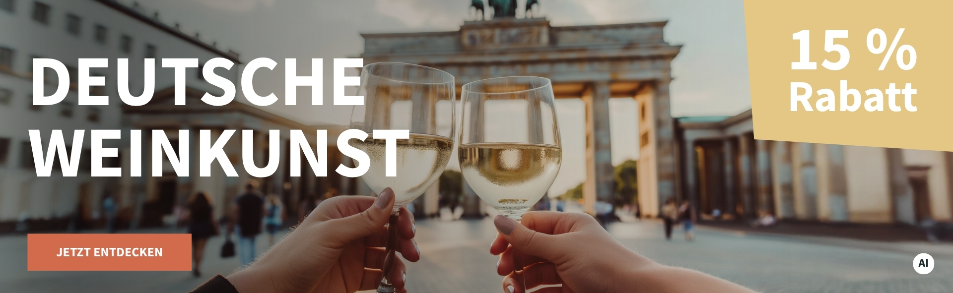 Meravino Weinaktion mit dem Slogan "Deutsche Weinkunst". Im Hintergrund zwei Gläser Weißwein, mit denen vor dem Brandenburger Tor angestoßen wird. Hinweis auf "15 % Rabatt". Unten Button "Jetzt entdecken". | KI-generiert