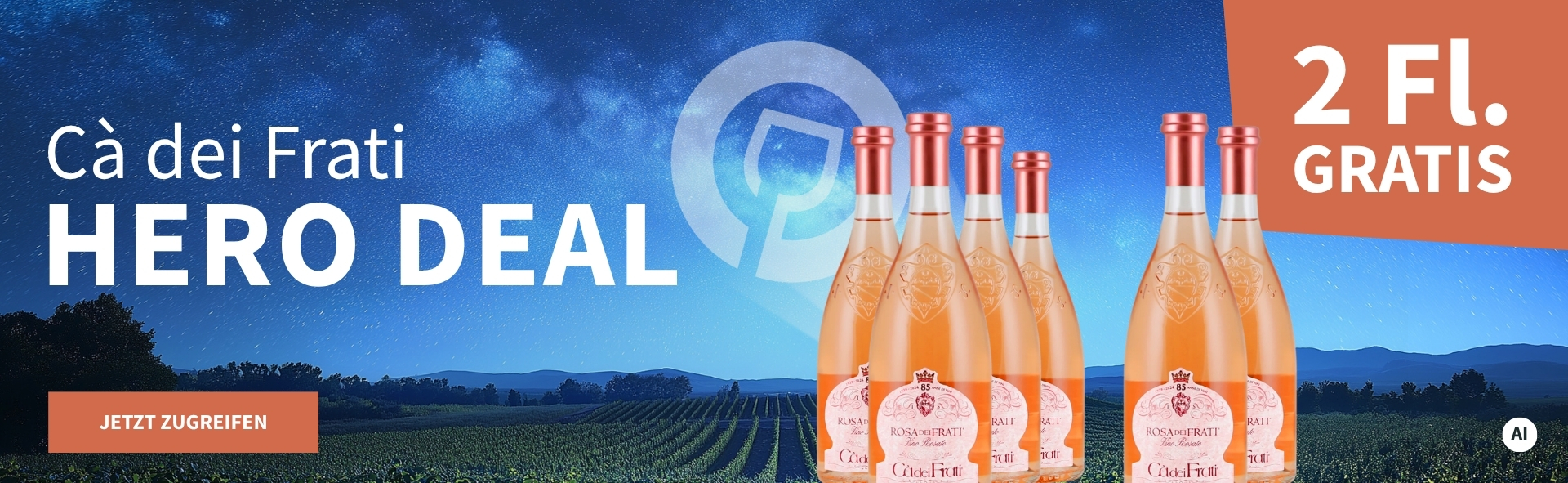 Meravino Weinaktion mit dem Slogan "Ca dei Frati Hero Deal". Nachthimmel mit Meravino-Logo und Weinreben im Hintergrund. Hinweis auf "2 Fl. gratis". Unten Button "Jetzt zugreifen". Rechts 6 Flaschen Ca dei Frati Rosa dei Frati 2025. | KI-generiert