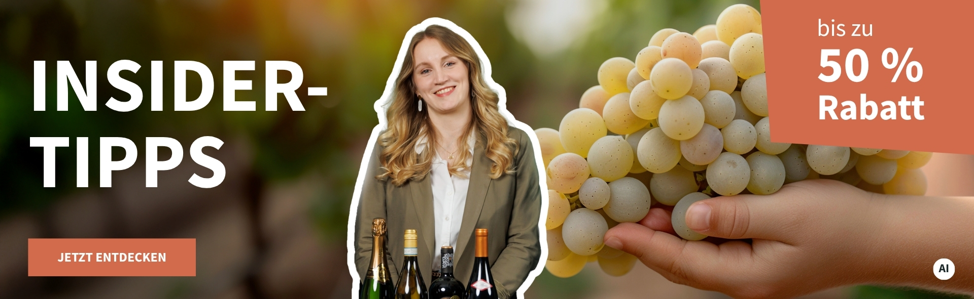 Meravino Weinaktion mit dem Slogan "Insider-Tipps". Im Hintergrund eine Hand, in der ein Bund Trauben liegt. Mittig eine Abbildung von Wine-Insiderin Lea. Hinweis auf "bis zu 50 % Rabatt". Unten Button "Jetzt entdecken". | KI-generiert