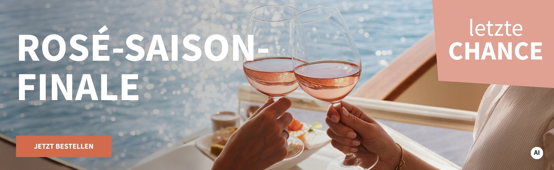 Meravino Weinaktion mit dem Slogan "Rosé-Saison-Finale". Im Hintergrund das Meer, davor zwei Gläser gefüllt mit Rosé, mit denen angestoßen wird. Hinweis auf "Letzte Chance". Unten Button "Jetzt bestellen". | KI-generiert