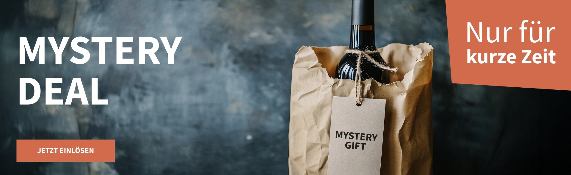 Meravino Weinaktion mit dem Slogan "Mystery Deal". Im Hintergrund eine Flasche Wein in einer braunen Papiertüte mit der Aufschrift 'Mystery Gift'. Hinweis auf "Nur für kurze Zeit". Unten Button "Jetzt einlösen". | KI-generiert
