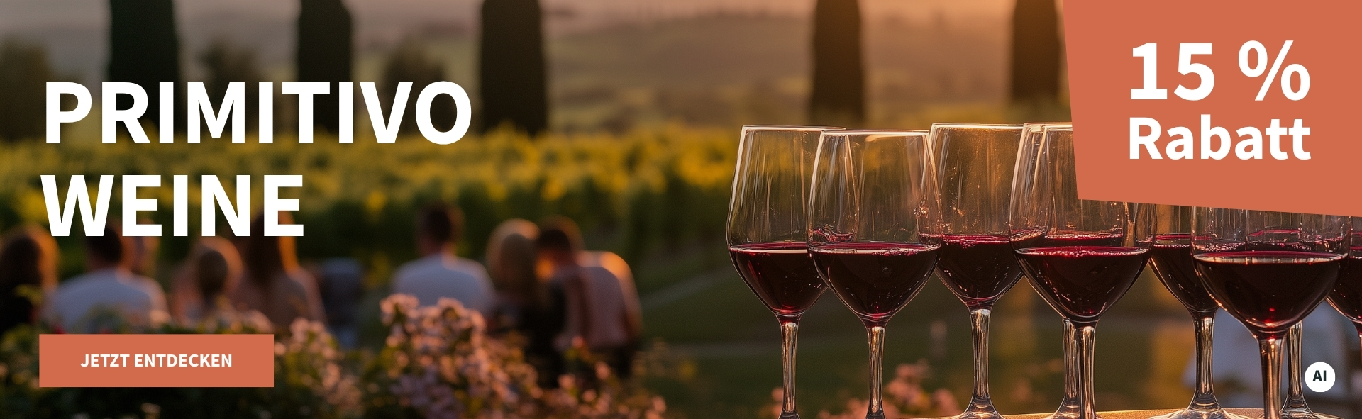 Meravino Weinaktion mit dem Slogan "Primitivo Weine". Im Hintergrund Menschen, die in der Abenddämmerung neben einem kleinen Feld zusammensitzen, im Vordergrund mehrere Gläser Rotwein. Hinweis auf "15 % Rabatt". Unten Button "Jetzt entdecken". | KI-generiert