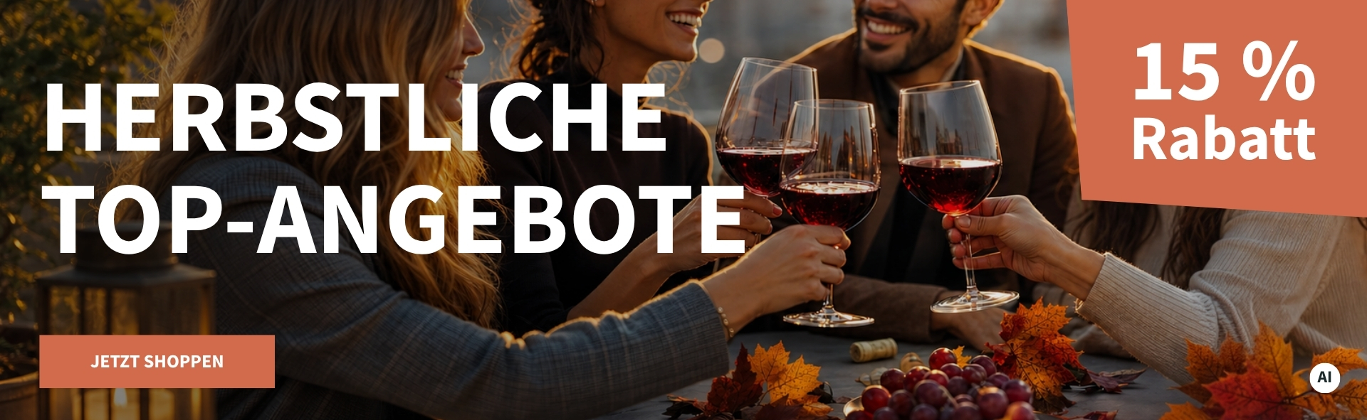 Meravino Weinaktion mit dem Slogan "Herbstliche Top-Angebote". Im Hintergrund eine Gruppe von Menschen um einen herbstlich dekorierten Tisch, die mit Rotweingläsern anstoßen. Hinweis auf "15 % Rabatt". Unten Button "Jetzt shoppen". | KI-generiert