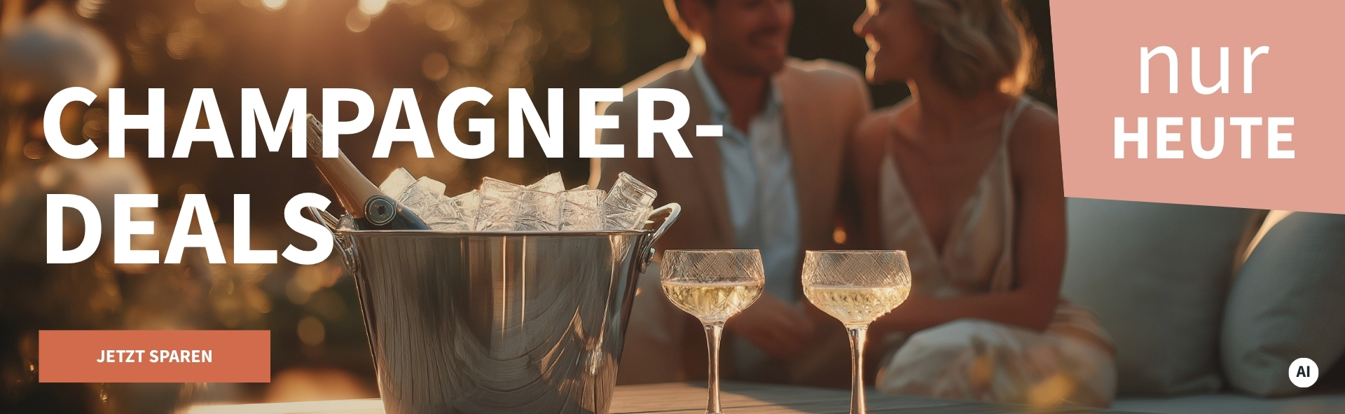 Meravino Weinaktion mit dem Slogan "Champagner-Deals". Im Hintergrund ein Pärchen, das an einem Tisch sitzt; im Vordergrund ein Weinkühler mit Eiswürfeln und einer Flasche Champagner darin. Hinweis auf "Nur heute". Unten Button "Jetzt sparen". | KI-generiert