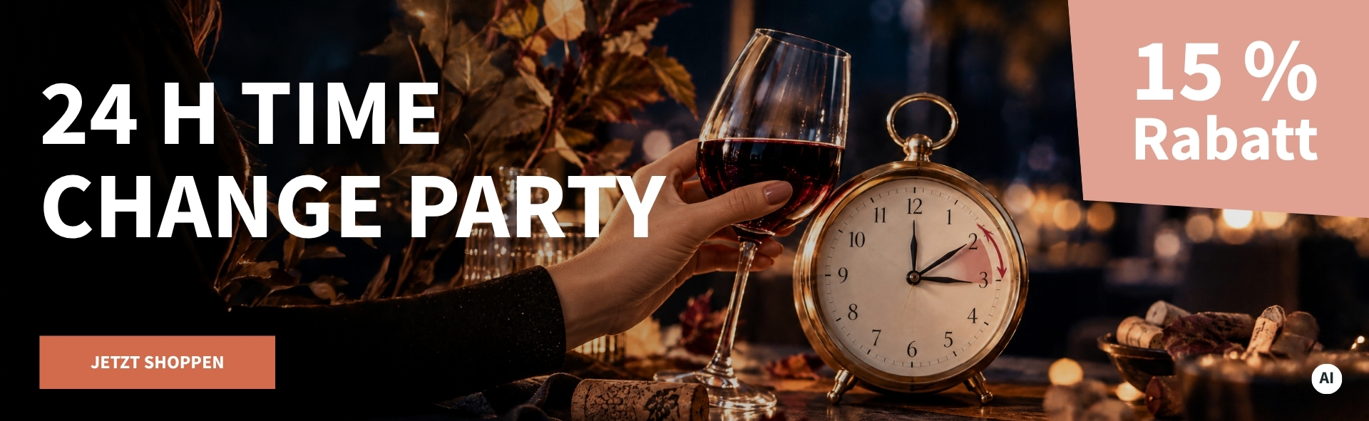Meravino Weinaktion mit dem Slogan "24h Time Change Party". Im Hintergrund eine Uhr, florale Deko, Weinkorken und ein Glas Rotwein. Hinweis auf "15 % Rabatt". Unten Button "Jetzt shoppen". | KI-generiert