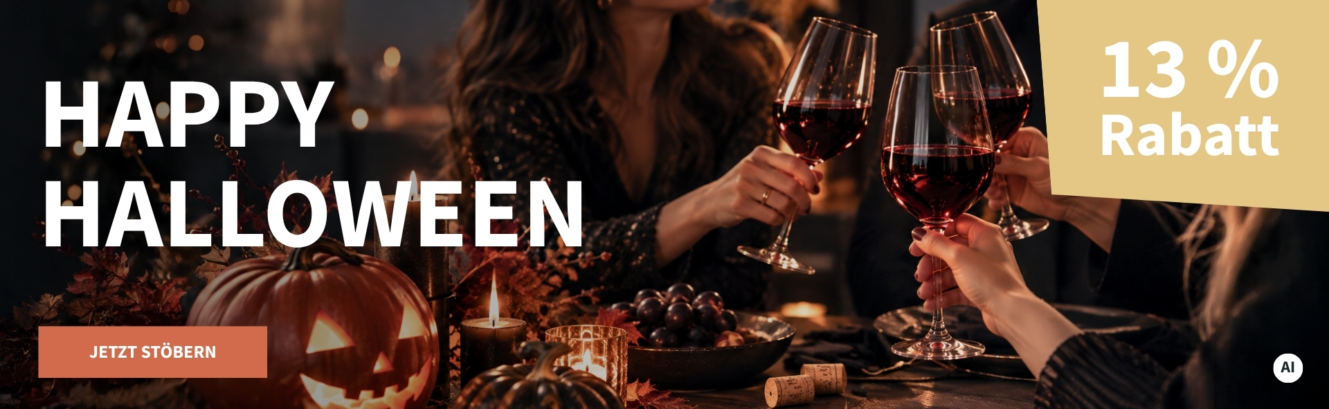 Meravino Weinaktion mit dem Slogan "Happy Halloween". Im Hintergrund ein Kürbis, ein gedeckter Tisch und Gläser mit Rotwein, mit denen angestoßen wird. Hinweis auf "13 % Rabatt". Unten Button "Jetzt stöbern". | KI-generiert