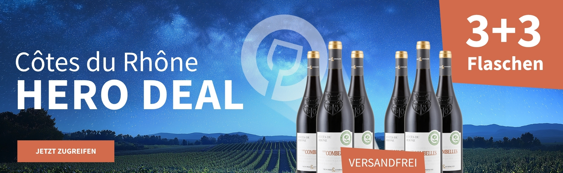 Meravino Weinaktion mit dem Slogan "Côtes du Rhône Hero Deal". Nachthimmel mit Meravino-Logo und Weinreben im Hintergrund. Hinweis auf "3+3 Flaschen". Unten Button "Jetzt zugreifen". Rechts 6 Flaschen.