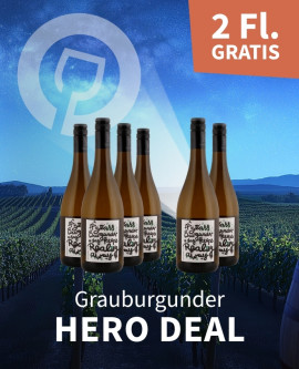 Meravino Weinaktion mit dem Slogan "Grauburgunder Hero Deal". Nachthimmel mit Meravino-Logo und Weinreben im Hintergrund. Hinweis auf "2 Fl. gratis". Rechts 6 Flaschen Emil Bauer Grauburgunder "A glass Burgunder a day keeps reality away" trocken 2025. | KI-generiert