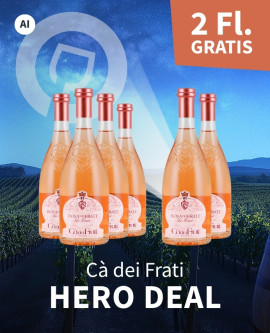Meravino Weinaktion mit dem Slogan "Ca dei Frati Hero Deal". Nachthimmel mit Meravino-Logo und Weinreben im Hintergrund. Hinweis auf "2 Fl. gratis". Mittig 6 Flaschen Ca dei Frati Rosa dei Frati 2025. | KI-generiert