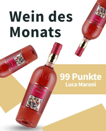 Meravino Weinaktion mit dem Slogan "Wein des Monats". Weiß-beige gemusterter Hintergrund, darauf drei Flaschen vom Wein des Monats Tenuta Ulisse Merlot Rosato 2025. Hinweis auf "99 Punkte Luca Maroni". | KI-generiert