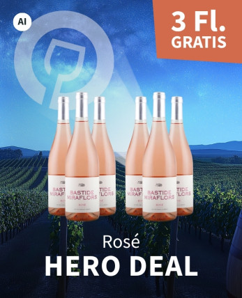 Meravino Weinaktion mit dem Slogan "Rosé Hero Deal". Nachthimmel mit Meravino-Logo und Weinreben im Hintergrund. Hinweis auf "3 Fl. gratis". Mittig 6 Flaschen Domaine Lafage Bastide Miraflors Rosé 2025. | KI-generiert