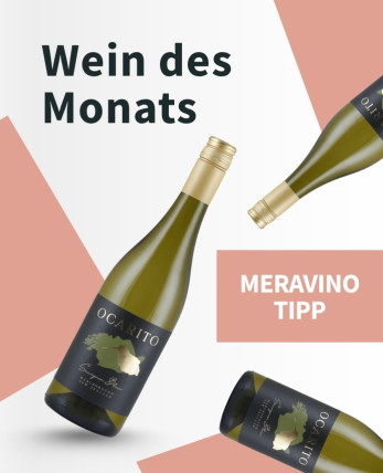 Meravino Weinaktion mit dem Slogan "Wein des Monats". Weiß-pink gemusterter Hintergrund, darauf drei Flaschen vom Wein des Monats Ocarito Marlborough Sauvignon Blanc 2025. Hinweis auf "Meravino Tipp". | KI-generiert