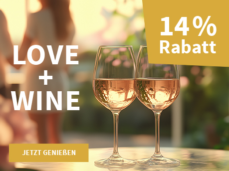 Meravino Weinaktion mit dem Slogan "Love + Wine". Im Hintergrund leicht verschwommen ein Pärchen in einem Garten, davor zwei Gläser Rosé auf einem Tisch. Hinweis auf "14 % Rabatt". Unten Button "Jetzt genießen".