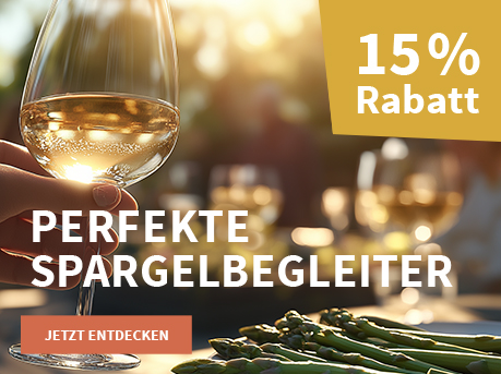 Meravino Weinaktion mit dem Slogan "Perfekte Spargelbegleiter". Im Hintergrund grüner Spargel und ein Glas Weißwein. Hinweis auf "15 % Rabatt". Unten Button "Jetzt entdecken".