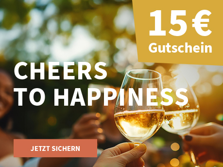 Meravino Weinaktion mit dem Slogan "Cheers to Happiness". Sonnenstrahlen und Umrisse von Menschen im Hintergrund; davor zwei Weingläser gefüllt mit Weißwein, mit denen angestoßen wird. Hinweis auf "15 € Gutschein". Unten Button "Jetzt sichern".
