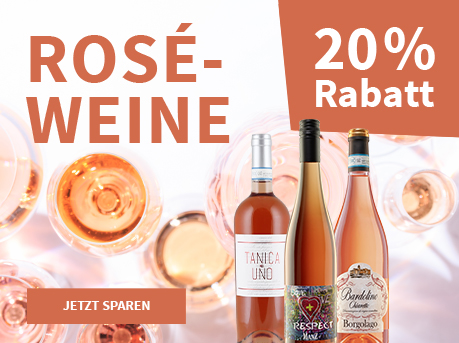 Meravino Weinaktion mit dem Slogan "Roséweine". Im Hintergrund Weingläser mit Roséwein gefüllt auf weiß-rosafarbenem Untergrund. Hinweis auf "20 % Rabatt". Unten Button "Jetzt sparen". Rechts 3 Flaschen.