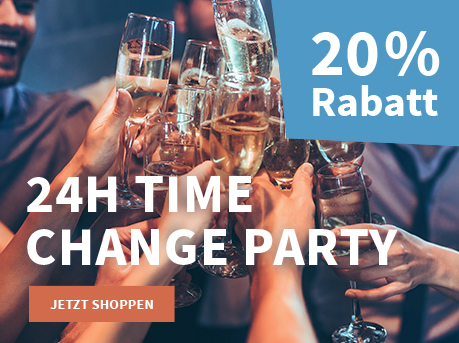 Meravino Weinaktion mit dem Slogan "24h Time Change Party". Im Hintergrund mehrere Sektgläser, mit denen angestoßen wird. Hinweis auf "20 % Rabatt". Unten Button "Jetzt shoppen".