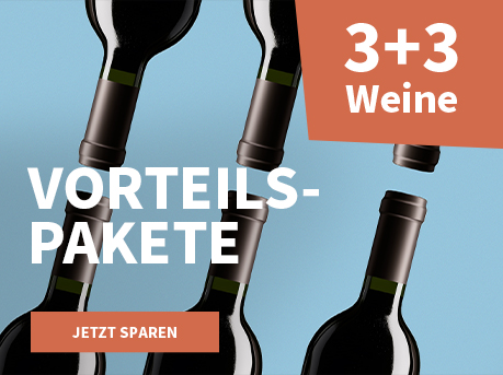 Meravino Weinaktion mit dem Slogan "Vorteilspakete". Hellblauer Hintergrund, davor mittig sechs Flaschenhälse von dunkelgrünen Weinflaschen. Hinweis auf "3+3 Weine". Unten Button "Jetzt sparen".