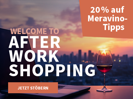 Meravino Weinaktion mit dem Slogan "Welcome to After Work Shopping". Im Hintergrund eine Skyline in der Abenddämmerung, im Vordergrund ein Laptop, neben dem ein Glas Rotwein steht. Hinweis auf "20 % auf Meravino-Tipps". Unten Button "Jetzt stöbern".