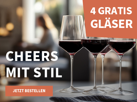 Meravino Weinaktion mit dem Slogan "Cheers mit Stil". Im Hintergrund ein verschwommenes Wohnzimmer, vorne im Bild vier Gläser Rotwein auf einem dunklen Tisch. Hinweis auf "4 Gratis Gläser". Unten Button "Jetzt bestellen".