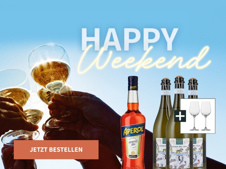 Meravino Weinaktion mit dem Slogan "Happy Weekend". Im Hintergrund zwei Gläser Roséwein und rosafarbene Lichtreflexionen. Unten Button "Jetzt bestellen". Rechts 2 Flaschen und 2 Gläser mit blauem Hintergrund.