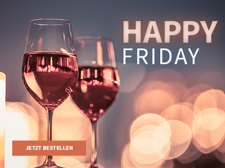 Meravino Weinaktion mit dem Slogan "Happy Friday". Im Hintergrund zwei Gläser Roséwein und rosafarbene Lichtreflexionen. Unten Button "Jetzt bestellen". | KI-generiert