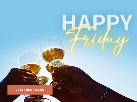 Meravino Weinaktion mit dem Slogan "Happy Friday". Im Hintergrund zwei Gläser Roséwein und rosafarbene Lichtreflexionen. Unten Button "Jetzt bestellen".