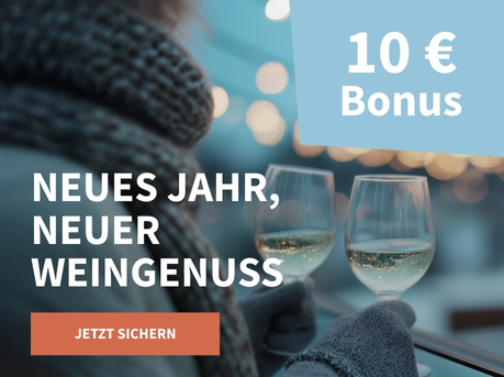 Meravino Weinaktion mit zwei Weißweingläsern in winterlicher Stimmung, Text: "Neues Jahr, neuer Weingenuss", Hinweis auf "10 € Bonus" und Button "Jetzt sichern".
