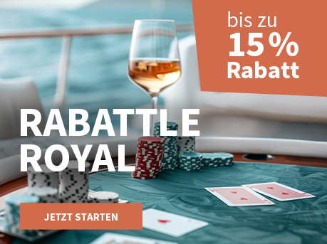 Meravino Weinaktion mit dem Slogan "Rabattle Royal". Im Hintergrund ein Schiffsdeck, davor ein Tisch mit Poker-Chips und einem Glas Roséwein. Hinweis auf "bis zu 15 % Rabatt". Unten Button "Jetzt starten".