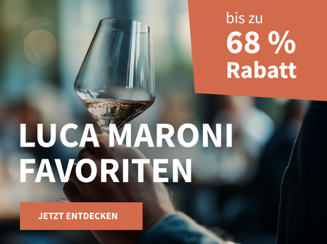 Meravino Weinaktion mit dem Slogan "Luca Maroni Favoriten". Im Hintergrund ein Glas mit Weißwein gefüllt, das in einer Hand gehalten wird. Hinweis auf "bis zu 68 % Rabatt". Unten Button "Jetzt entdecken".
