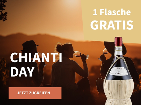 Meravino Weinaktion mit dem Slogan "Chianti Day". Im Hintergrund Menschen, die in der Natur gemeinsam Wein trinken. Hinweis auf "1 Flasche gratis". Unten Button "Jetzt zugreifen". Rechts eine Flasche Chianti.