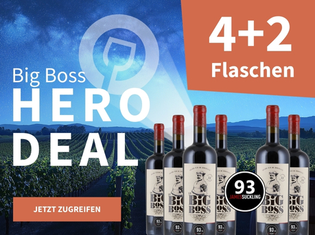 Meravino Weinaktion mit dem Slogan "Big Boss Hero Deal". Nachthimmel mit Meravino-Logo und Weinreben im Hintergrund. Hinweis auf "4+2 Flaschen". Unten Button "Jetzt zugreifen". Rechts 6 Flaschen.