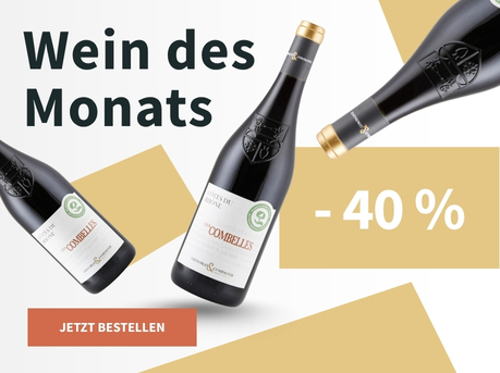 Meravino Weinaktion mit dem Slogan "Wein des Monats". Weiß-beige gemusterter Hintergrund, darauf drei Flaschen Vignobles & Compagnie Côtes du Rhone - Les Combelles. Hinweis auf "-40 %". Unten Button "Jetzt bestellen".