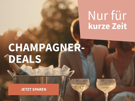 Meravino Weinaktion mit dem Slogan "Champagner-Deals". Im Hintergrund ein Pärchen, das an einem Tisch sitzt; im Vordergrund ein Weinkühler mit Eiswürfeln und einer Flasche Champagner darin. Hinweis auf "Nur für kurze Zeit". Unten Button "Jetzt sparen".