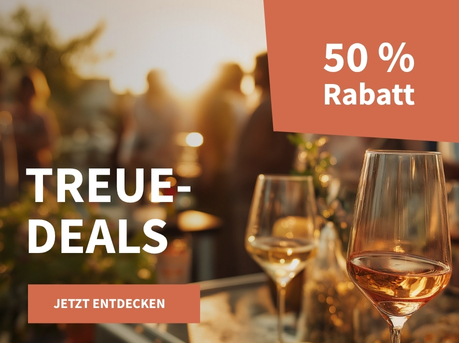 Meravino Weinaktion mit dem Slogan "Treue-Deals". Im Hintergrund leicht verschwommen eine Terrasse, vorne zwei Gläser Wein gefüllt mit Weiß- und Roséwein. Hinweis auf "50 % Rabatt". Unten Button "Jetzt entdecken".