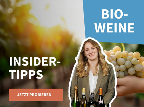 Meravino Weinaktion mit dem Slogan "Insider-Tipps". Im Hintergrund ein Bund Trauben, das in einer Hand gehalten wird. In der Mitte ein Bild von Wein-Insiderin Lea. Hinweis auf "Bio-Weine". Unten Button "Jetzt probieren".
