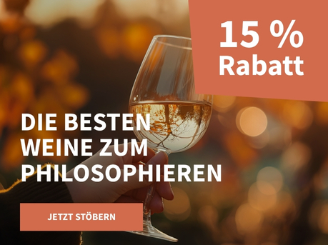 Meravino Weinaktion mit dem Slogan "Die besten Weine zum Philosophieren". Im Hintergrund verschwommen orange-rotfarbene Baumkronen, davor ein Glas Weißwein, in dem sich ein Baum spiegelt. Hinweis auf "15 % Rabatt". Unten Button "Jetzt stöbern".