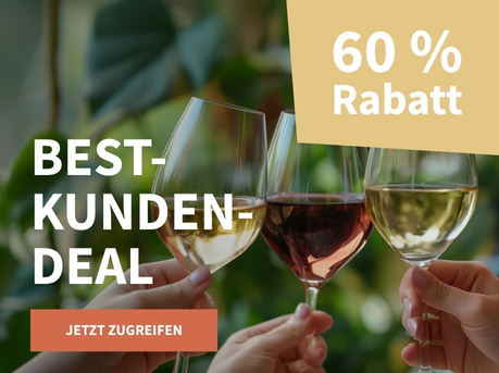 Meravino Weinaktion mit dem Slogan "Best-Kunden-Deal". Im Hintergrund drei Gläser Wein, mit denen angestoßen, dahinter grüne Pflanzen. Hinweis auf "60 % Rabatt". Unten Button "Jetzt zugreifen".