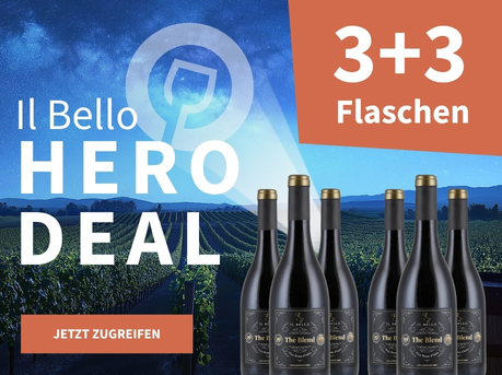 Meravino Weinaktion mit dem Slogan "Il Bello Hero Deal". Nachthimmel mit Meravino-Logo und Weinreben im Hintergrund. Hinweis auf "3+3 Flaschen". Unten Button "Jetzt zugreifen". Rechts 6 Flaschen.