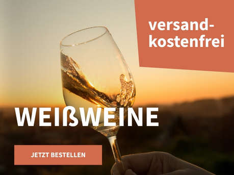 Meravino Weinaktion mit dem Slogan "Weißweine". Idyllische Landschaft mit Sonnenuntergang im Hintergrund, mittig ein Glas Weißwein. Hinweis auf "Versandkostenfrei". Unten Button "Jetzt bestellen".