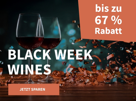 Meravino Weinaktion mit dem Slogan "Black Week Wines". Dunkler Hintergrund mit bronzefarbenem Konfetti, davor zwei Gläser Rotwein. Hinweis auf "bis zu 67 % Rabatt". Unten Button "Jetzt sparen".