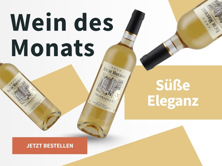 Meravino Weinaktion mit dem Slogan "Wein des Monats". Weiß-beige gemusterter Hintergrund, darauf drei Flaschen Roc de Miremont Monbazillac 2022. Hinweis auf "Süße Eleganz". Unten Button "Jetzt bestellen".